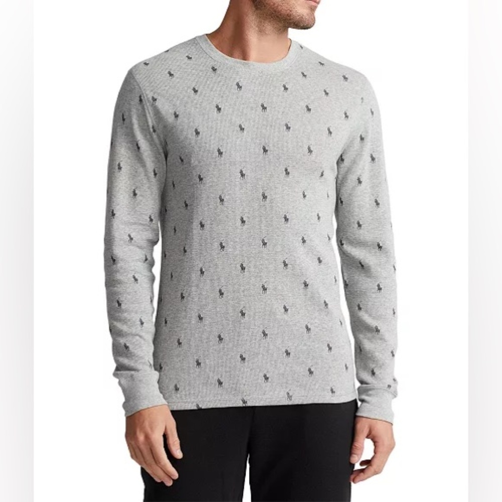 NWT Polo Ralph Lauren Med Gray Waffle Knit Thermal Sleep Shirt All Over Pony